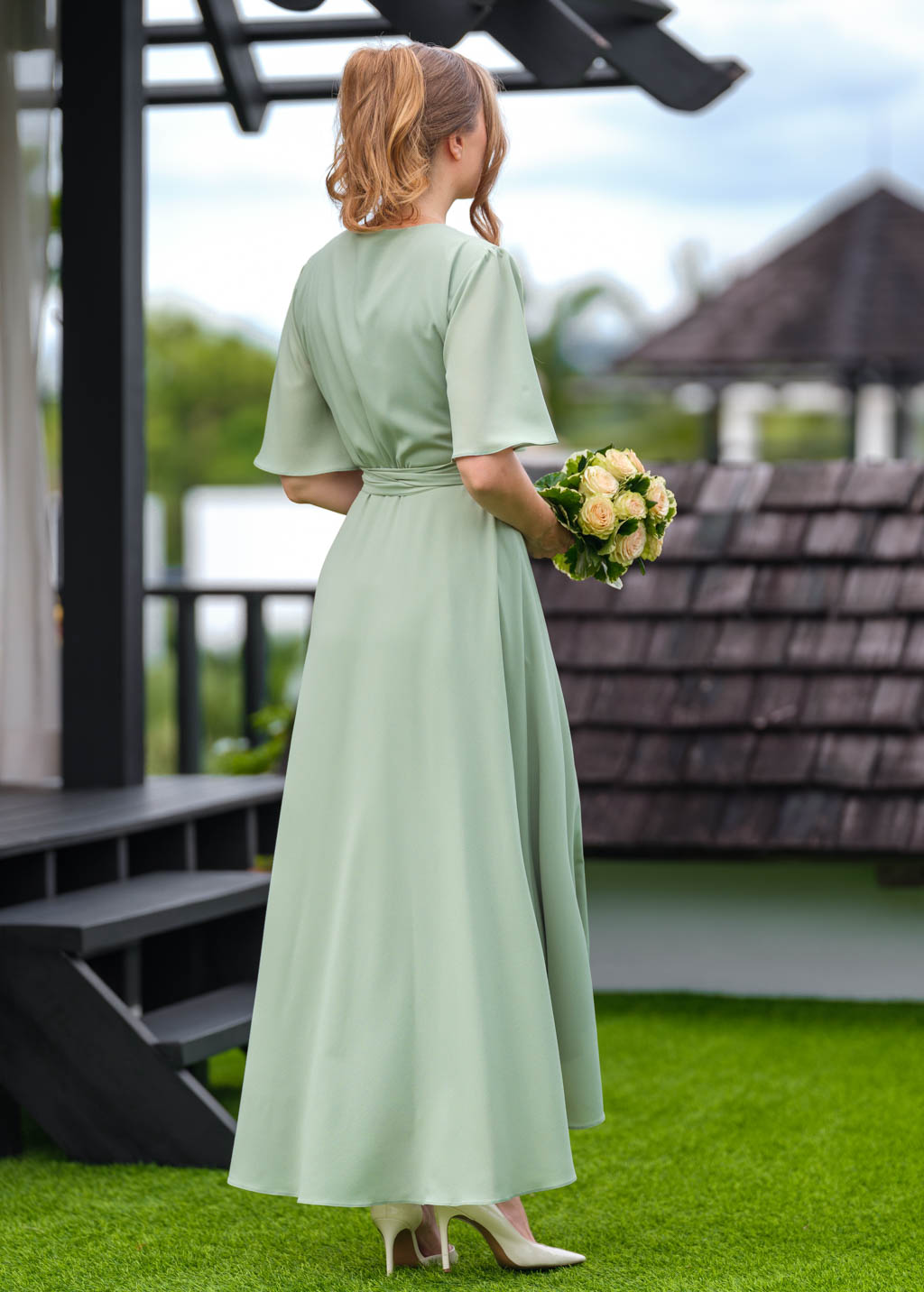 Sage green chiffon wrap dress