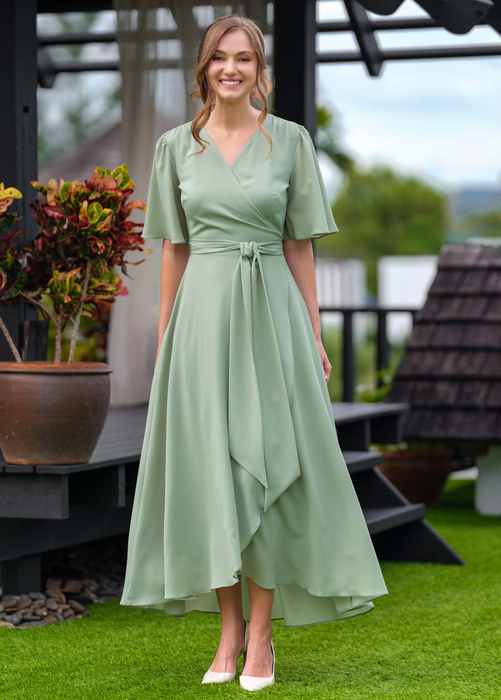 Sage green chiffon wrap dress