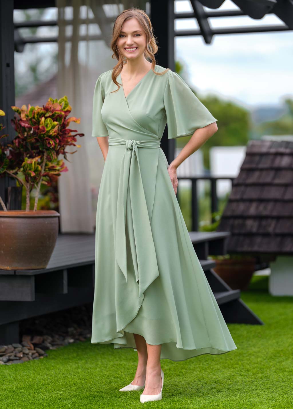 Sage green chiffon wrap dress