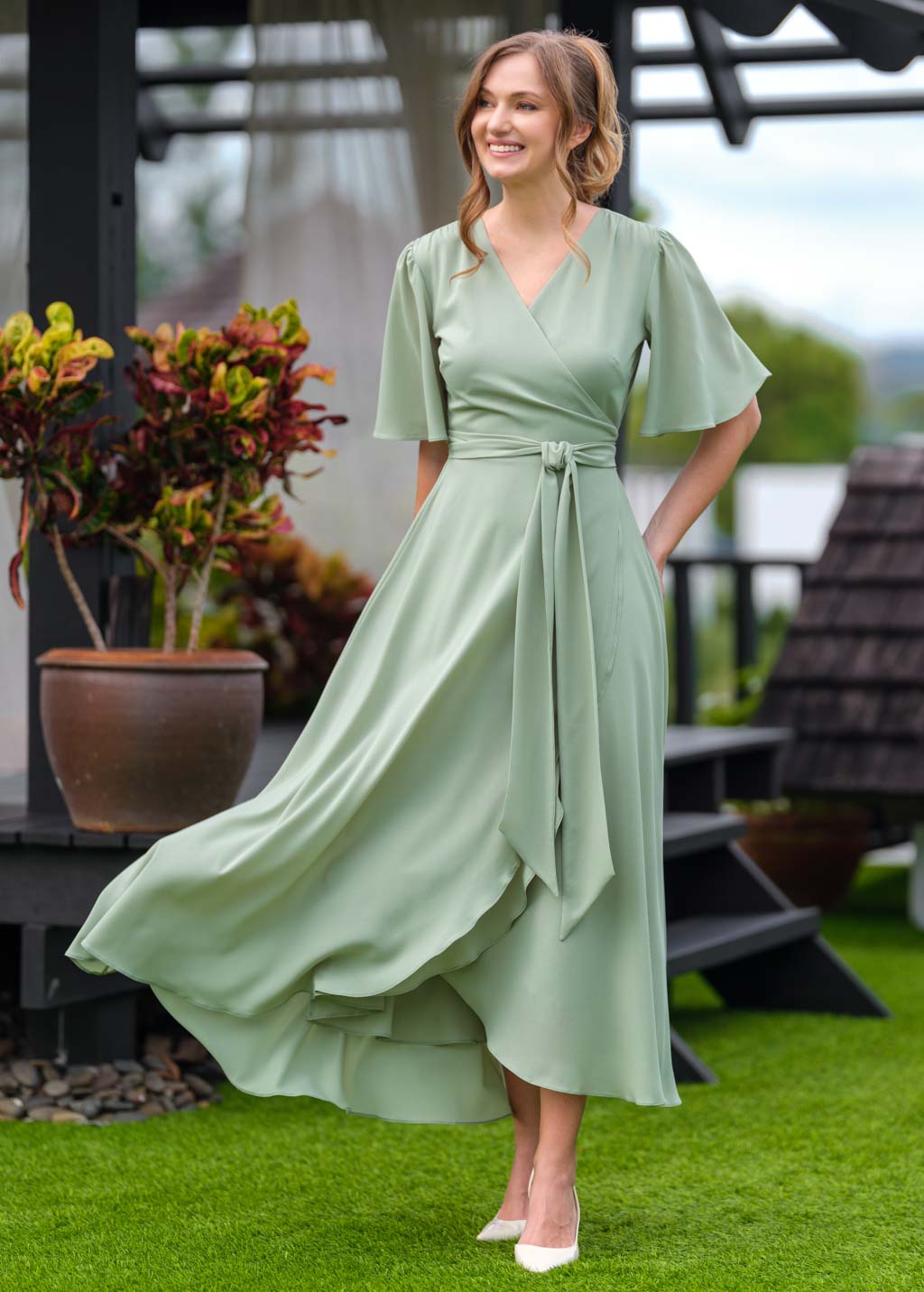 Sage green chiffon wrap dress