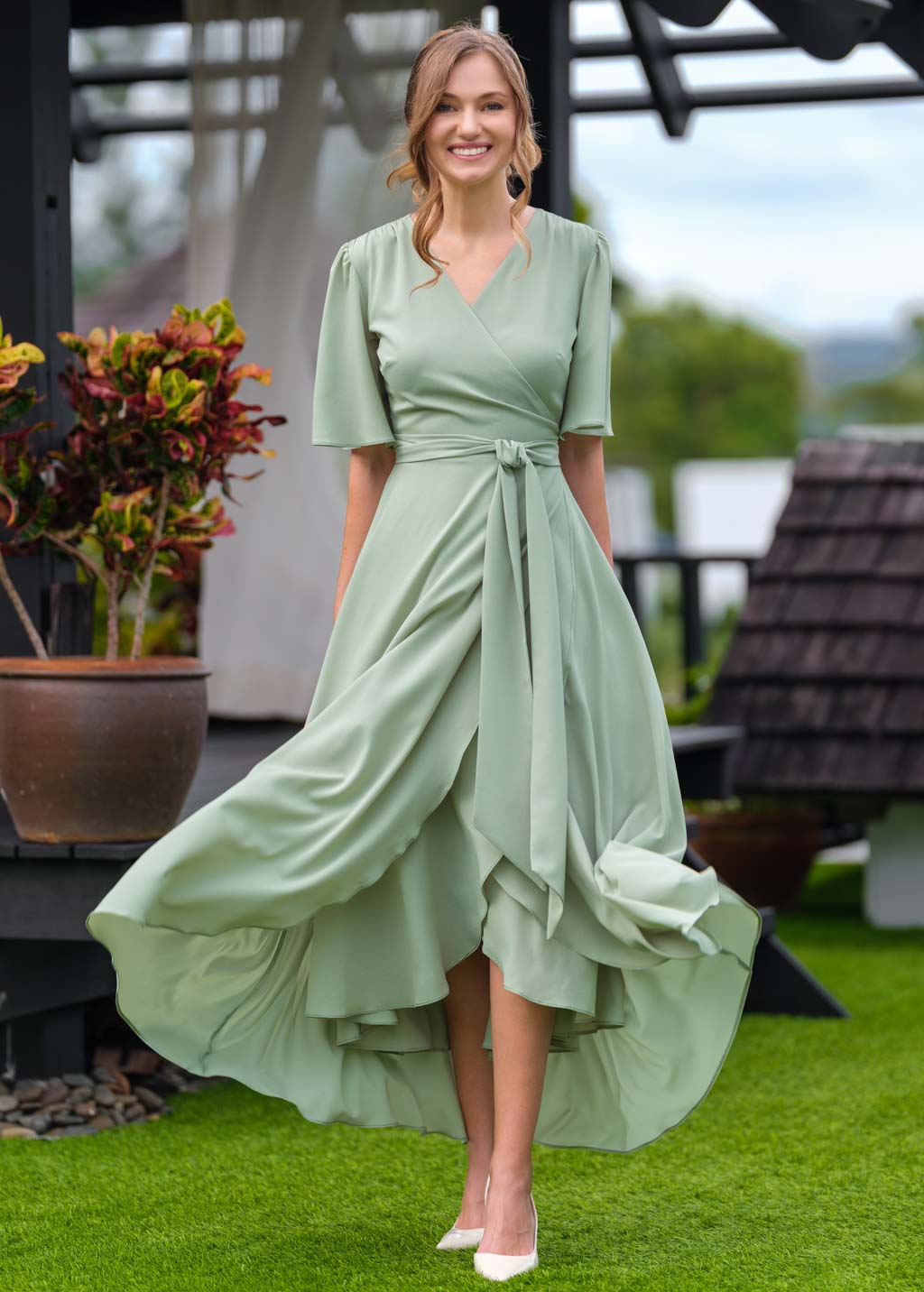 Sage green chiffon wrap dress