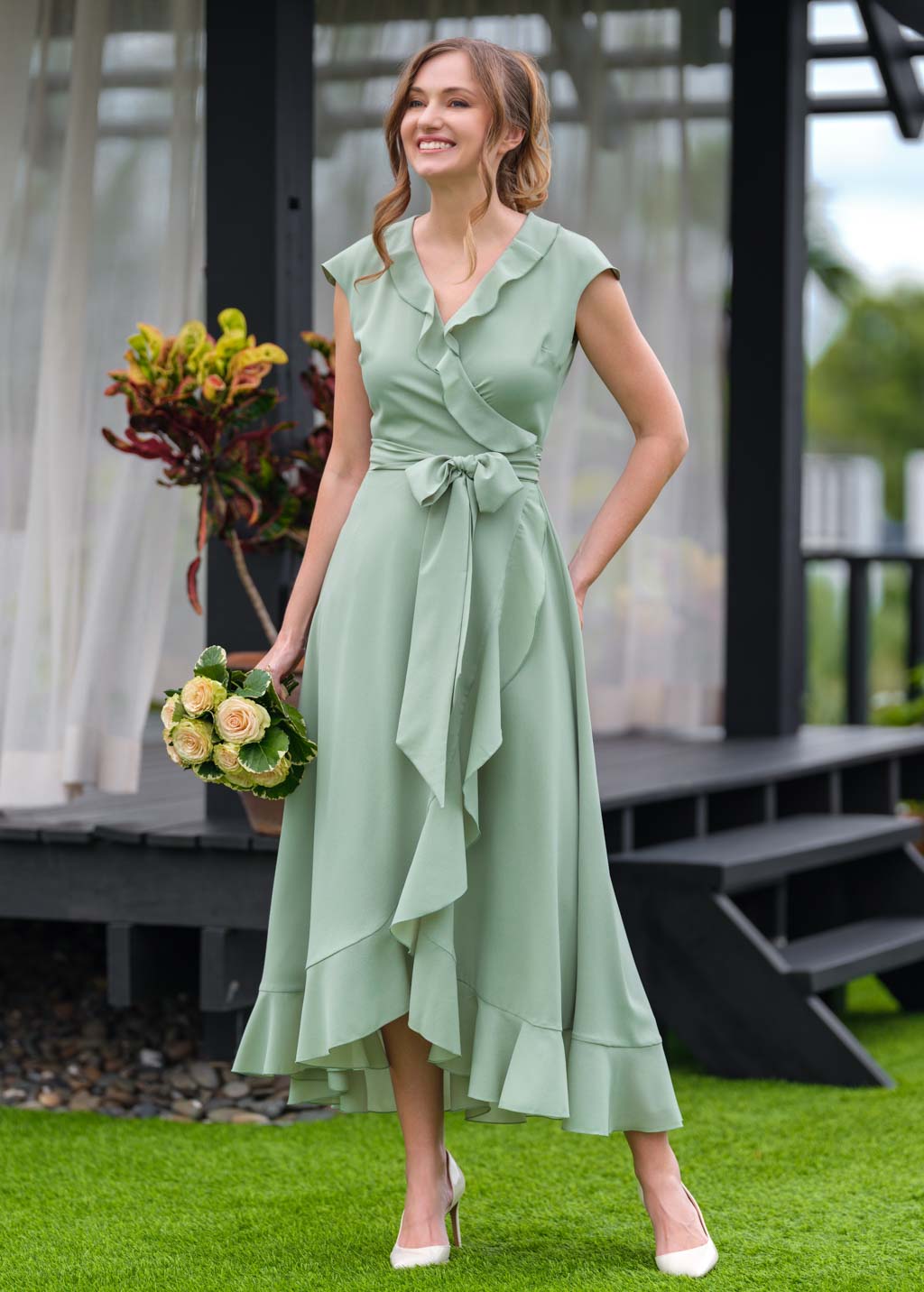 Sage green chiffon wrap dress