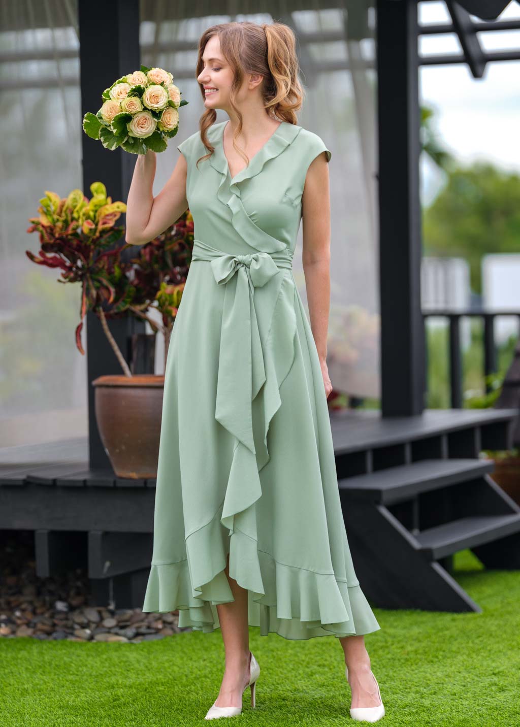 Sage green chiffon wrap dress