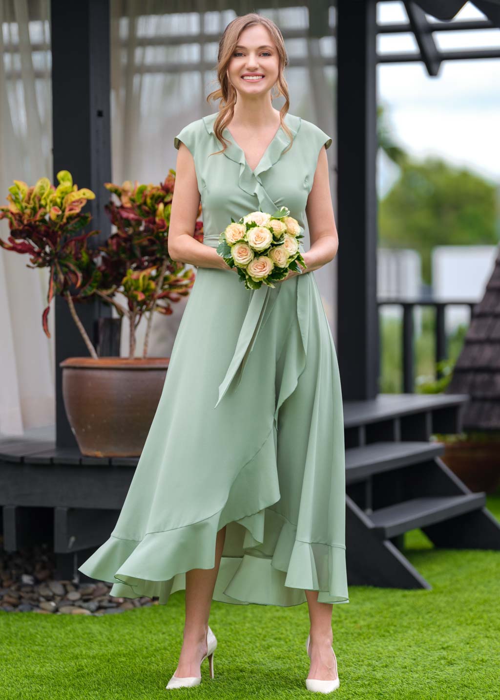 Sage green chiffon wrap dress