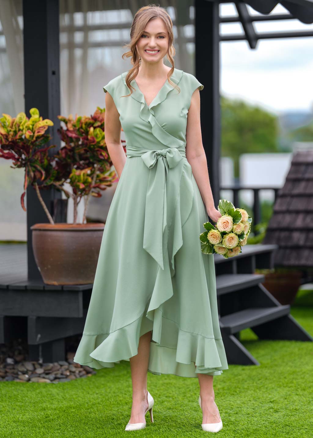 Sage green chiffon wrap dress