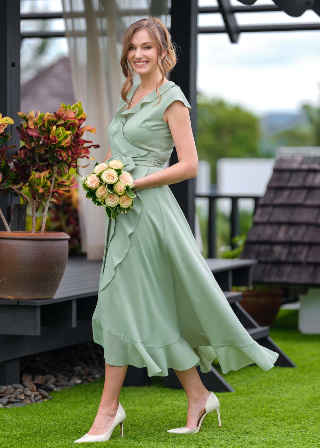 Sage green chiffon wrap dress