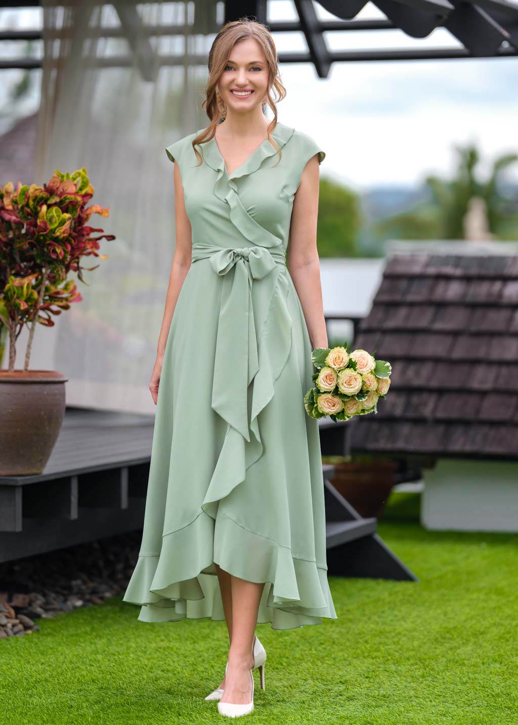 Sage green chiffon wrap dress