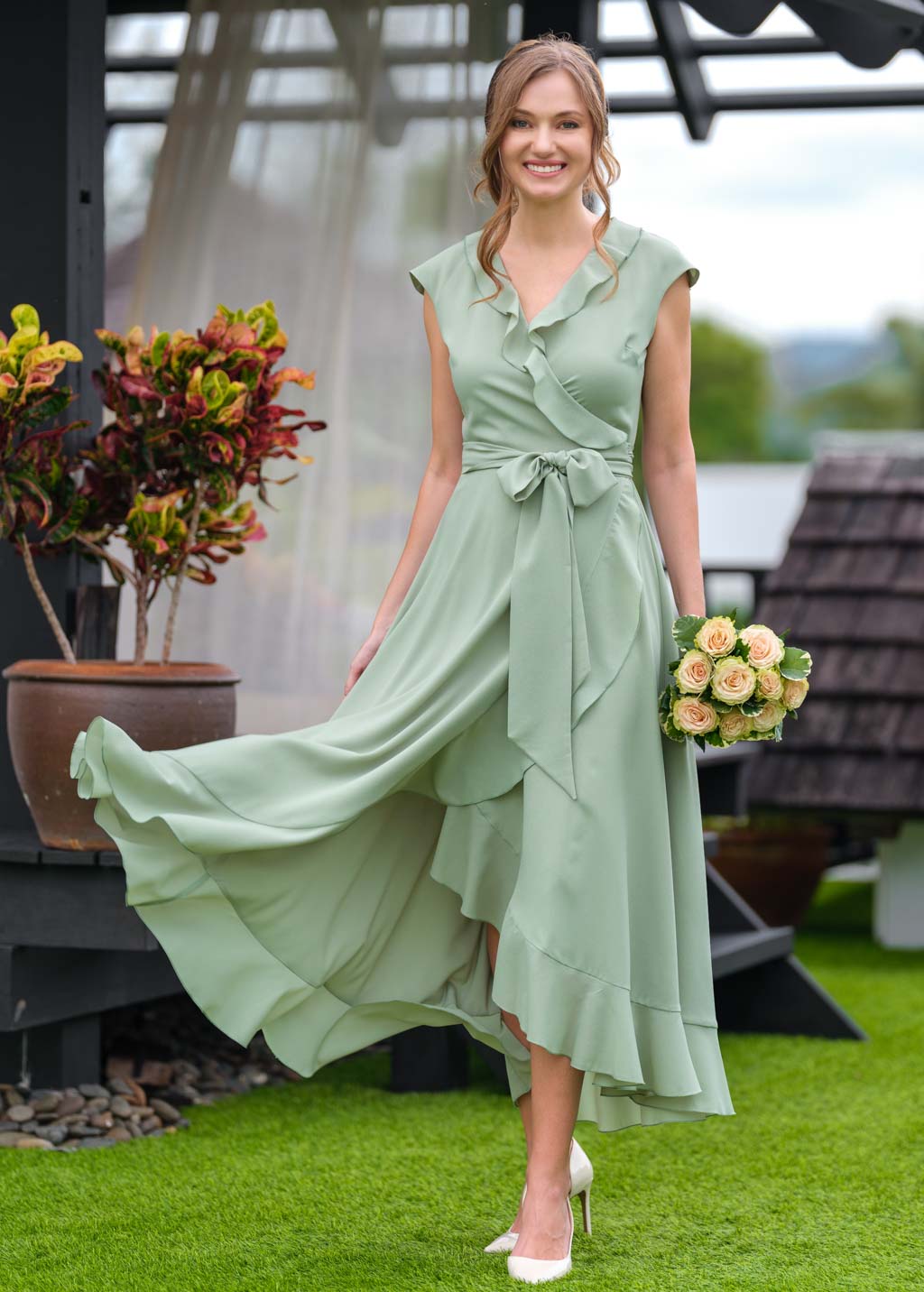 Sage green chiffon wrap dress