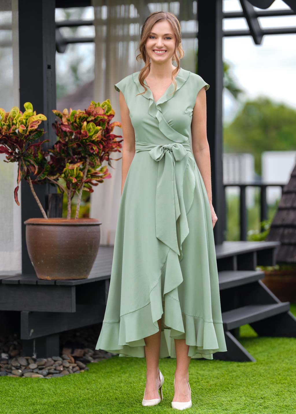 Sage green chiffon wrap dress