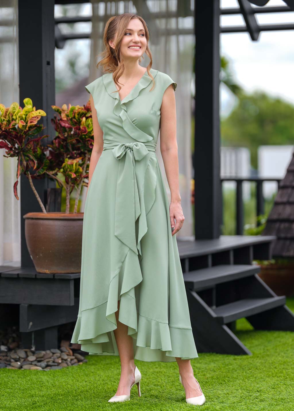 Sage green chiffon wrap dress