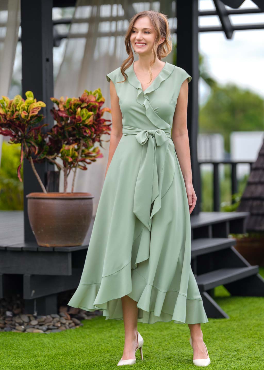 Sage green chiffon wrap dress