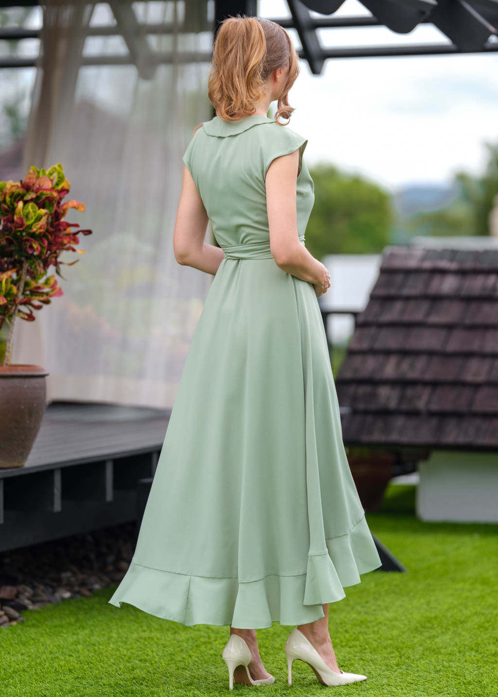 Sage green chiffon wrap dress