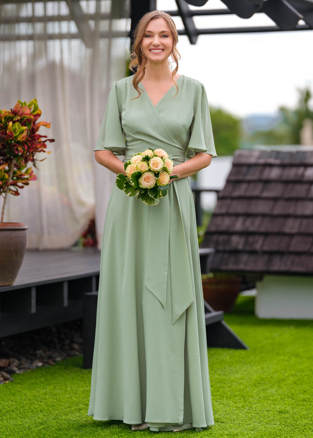 Sage green chiffon long wrap dress