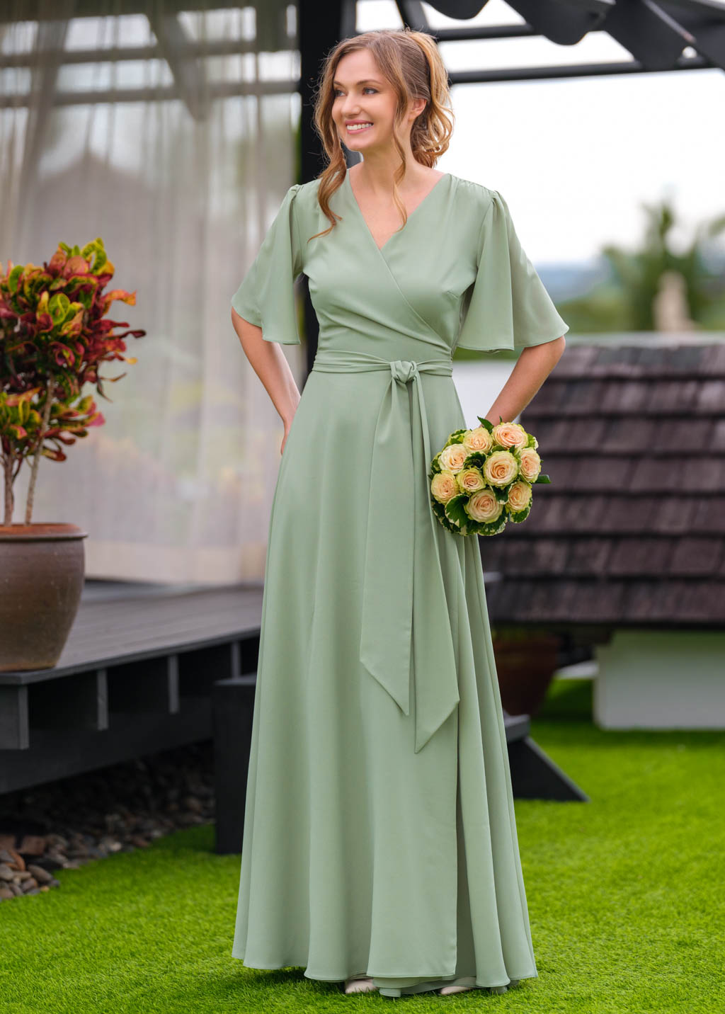 Sage green chiffon long wrap dress