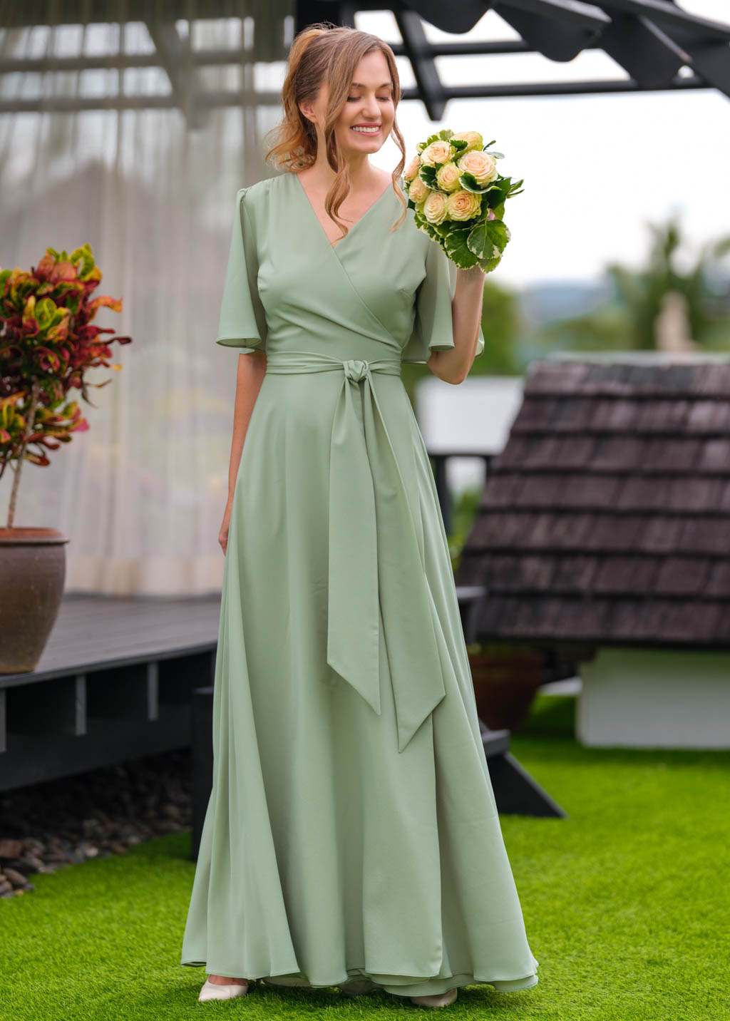 Sage green chiffon long wrap dress