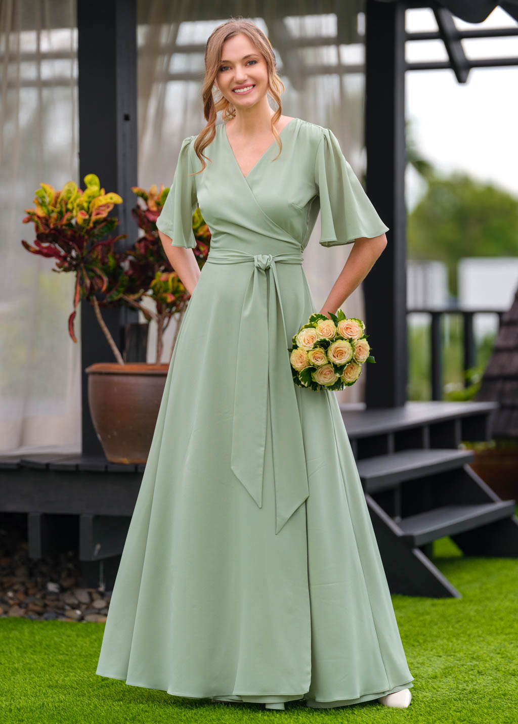 Sage green chiffon long wrap dress