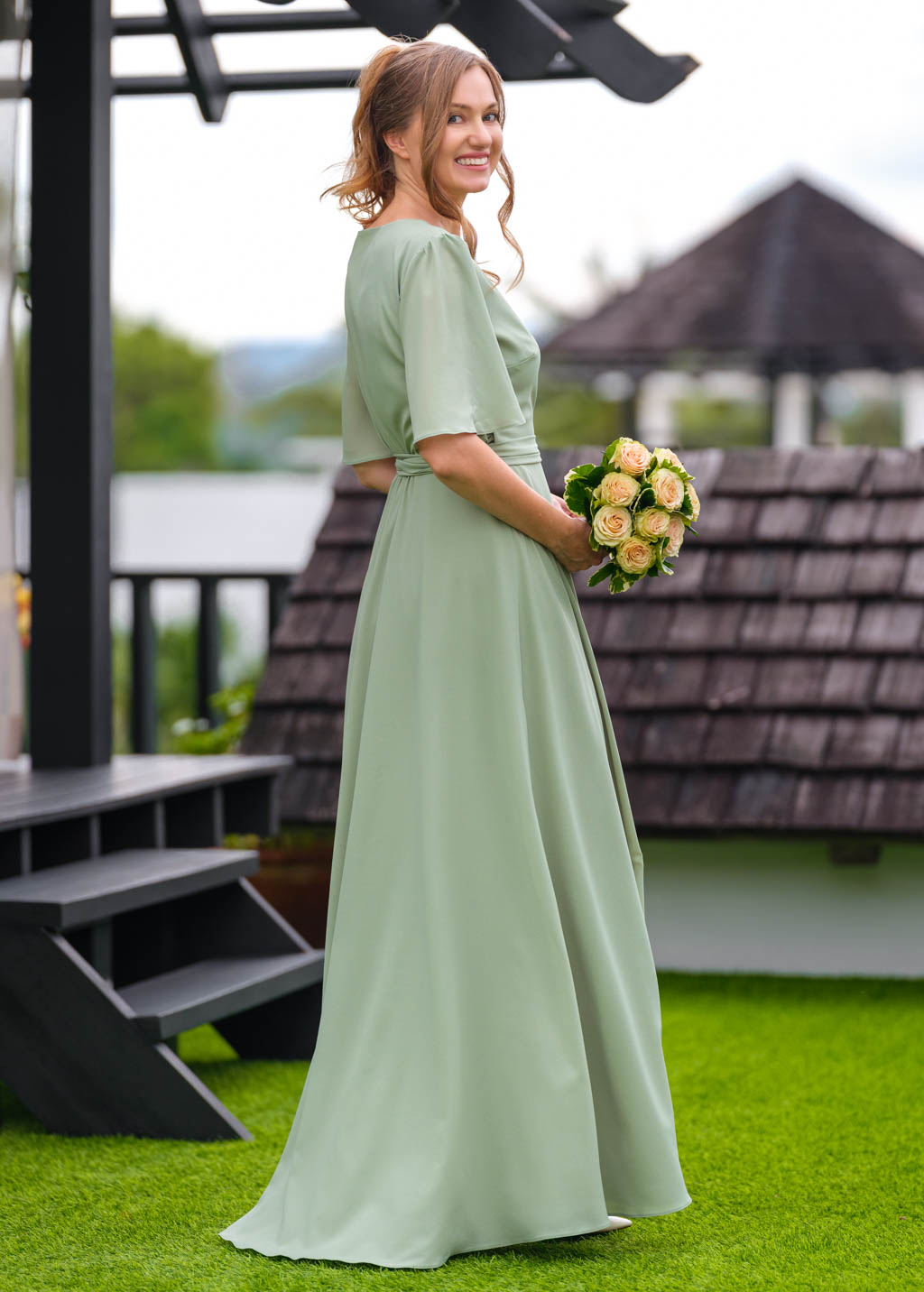 Sage green chiffon long wrap dress