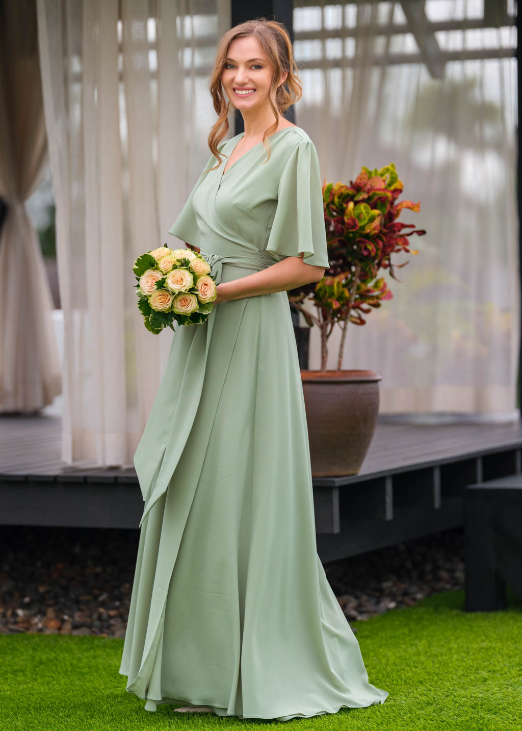 Sage green chiffon long wrap dress