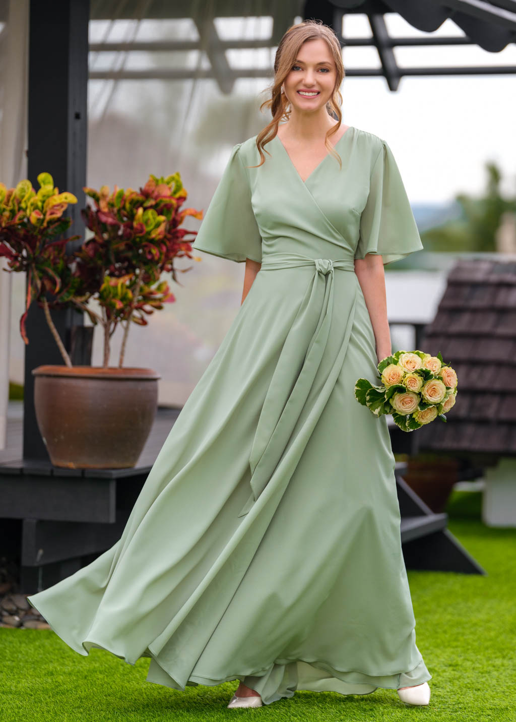 Sage green chiffon long wrap dress