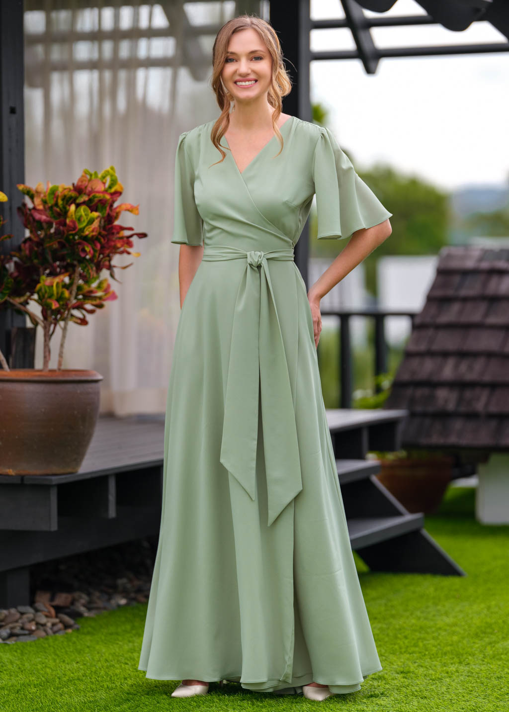 Sage green chiffon long wrap dress