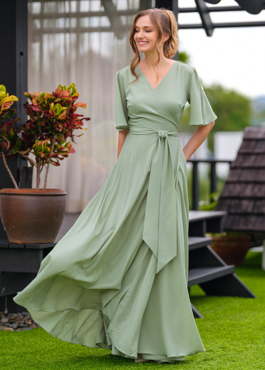 Sage green chiffon long wrap dress