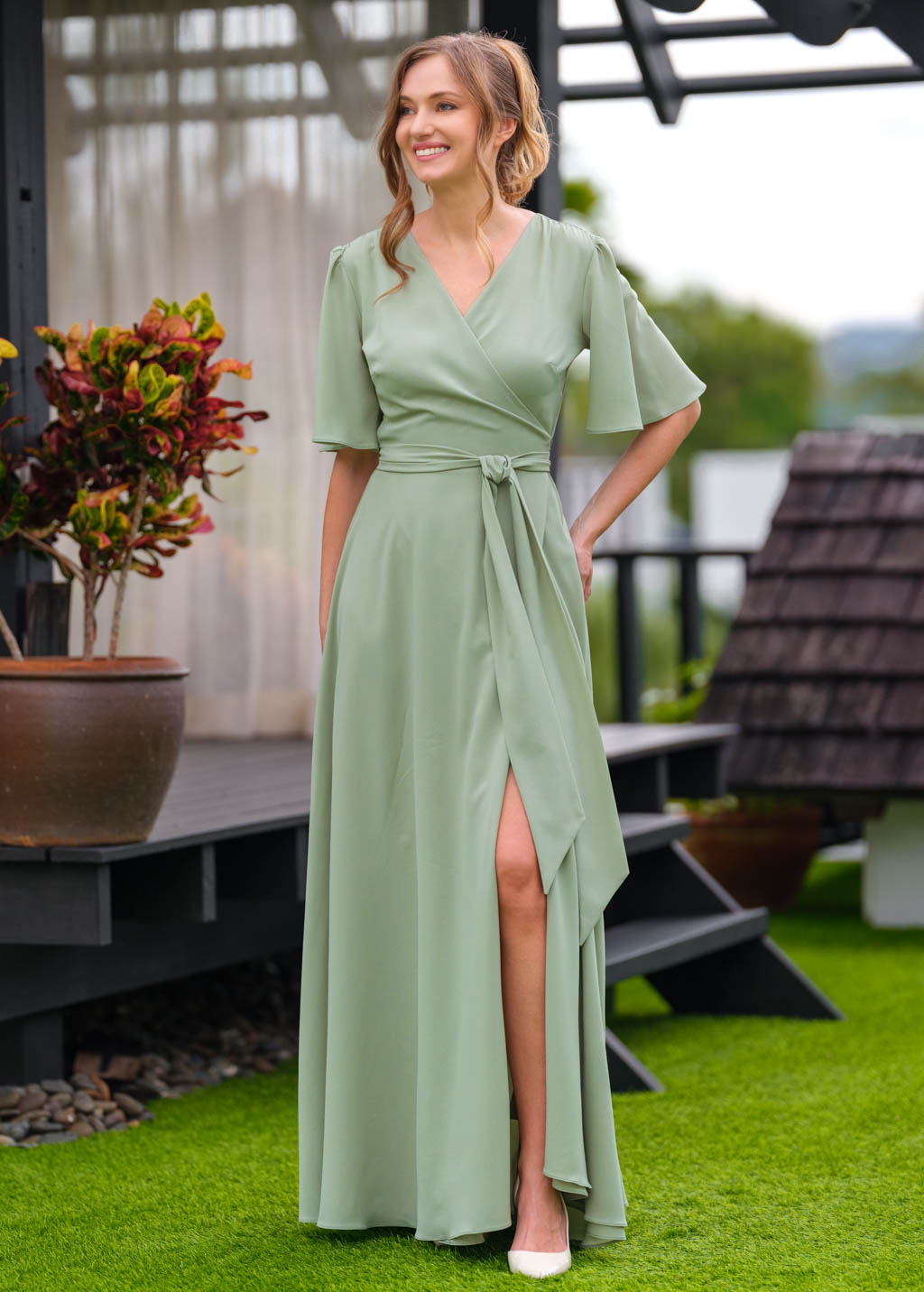 Sage green chiffon long wrap dress