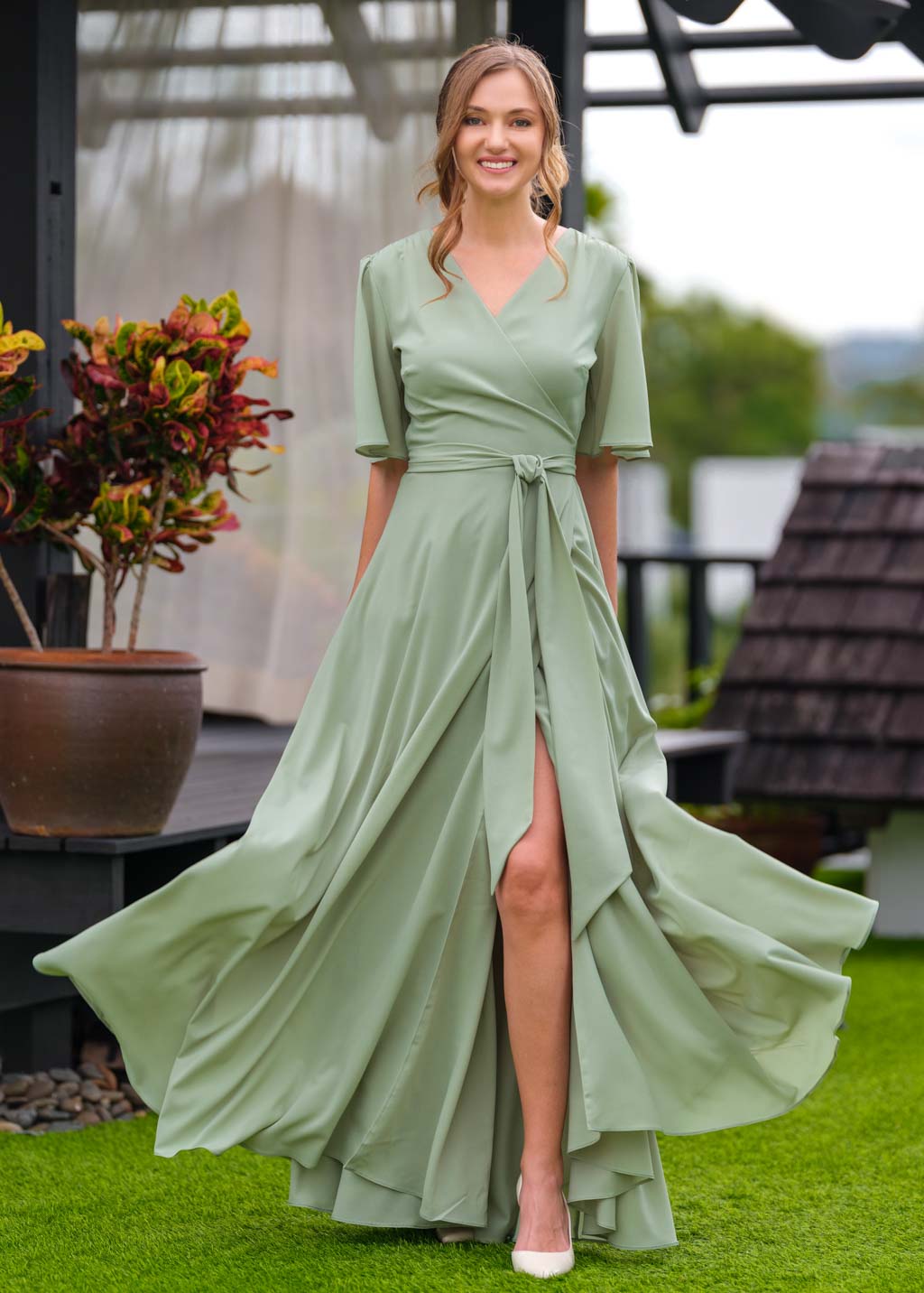 Sage green chiffon long wrap dress