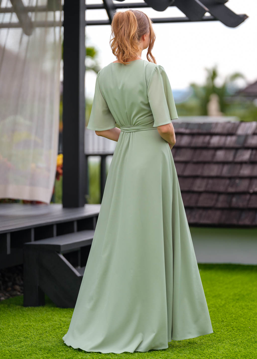 Sage green chiffon long wrap dress