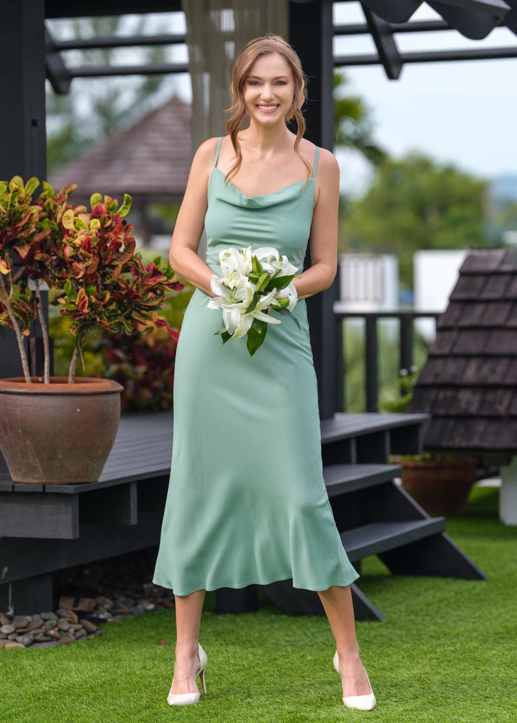 Sage green mid-calf slip dress