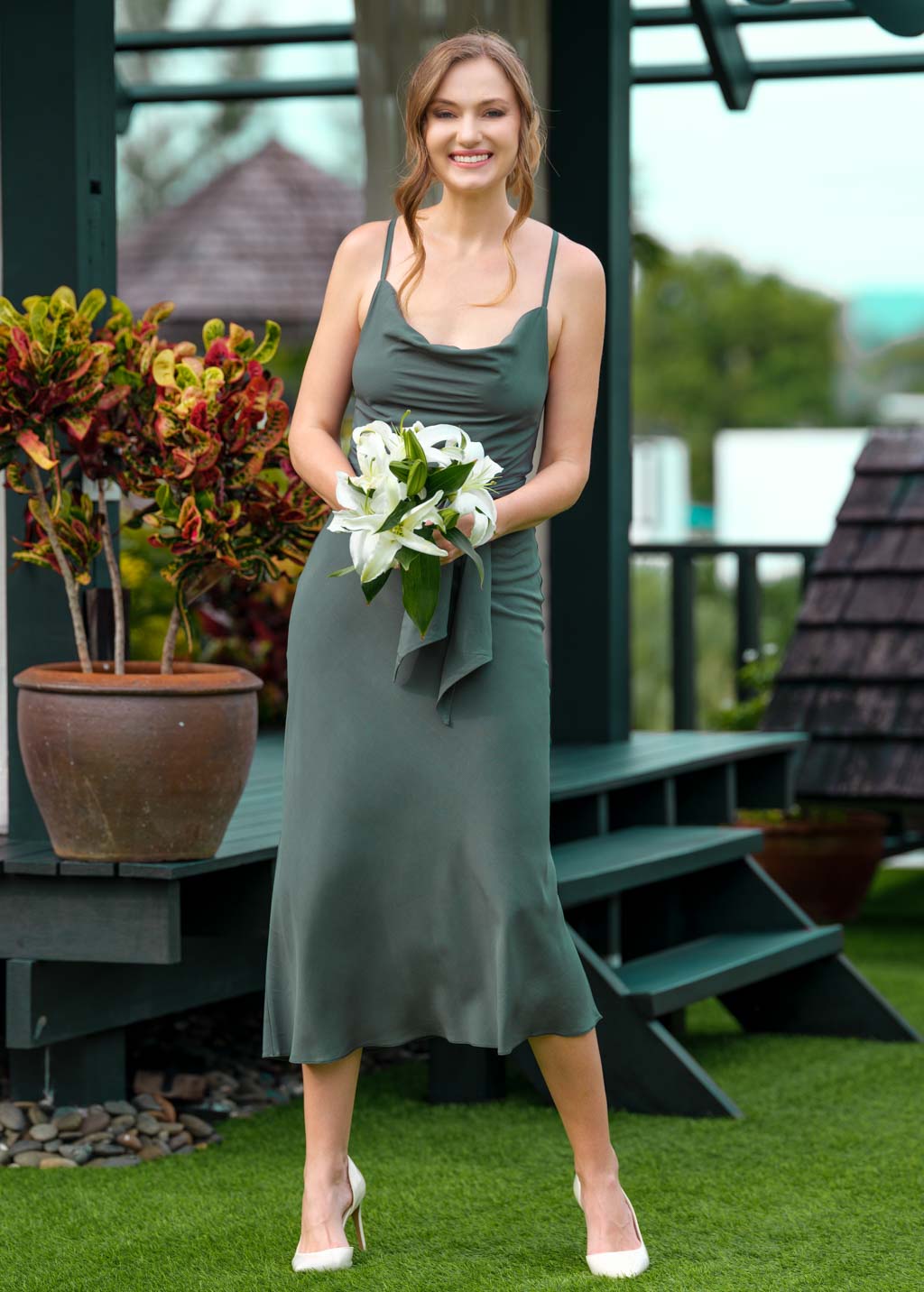 Dark green mid-calf slip dress