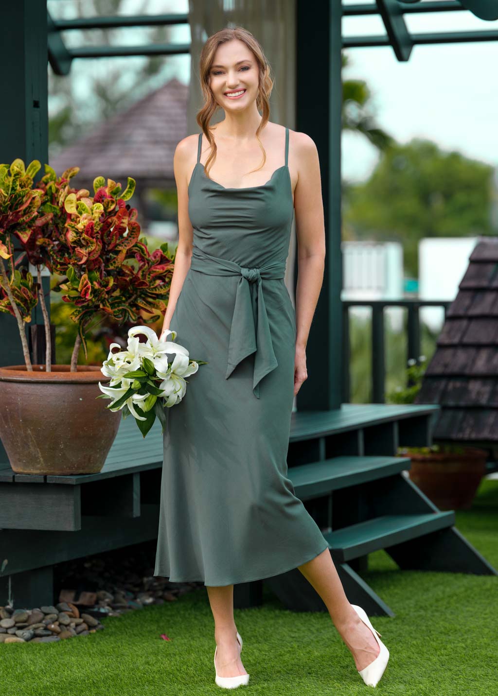 Dark green mid-calf slip dress