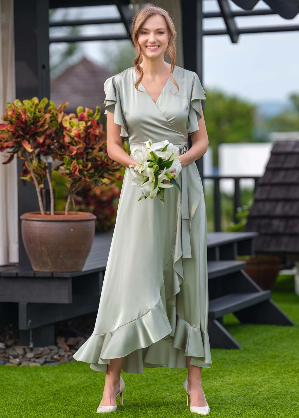 Moss green wrap dress