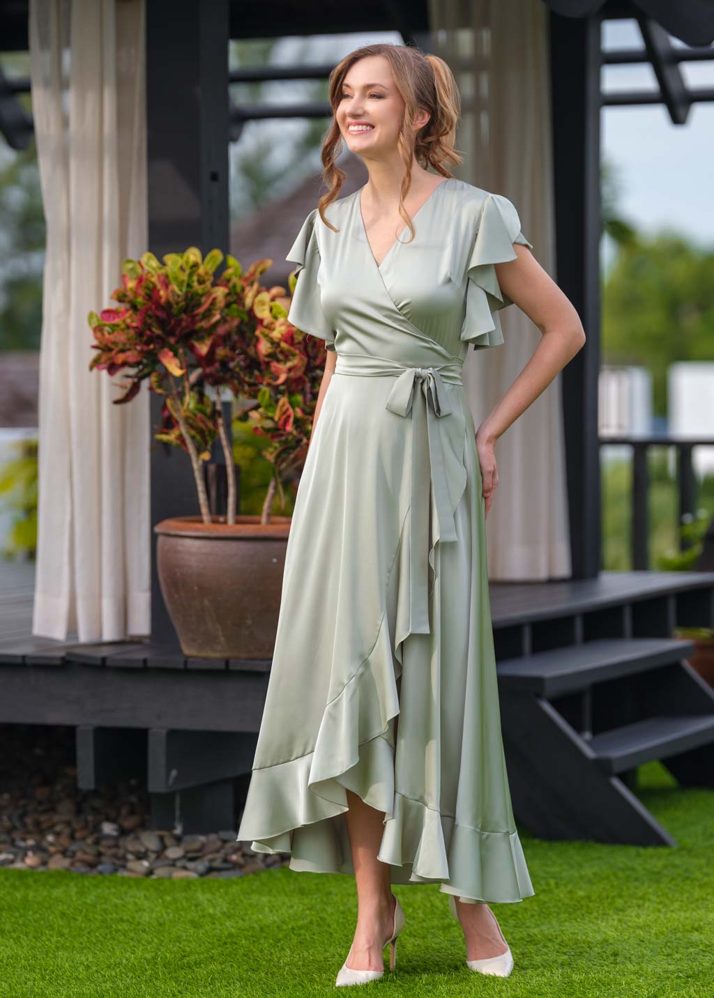 Moss green wrap dress