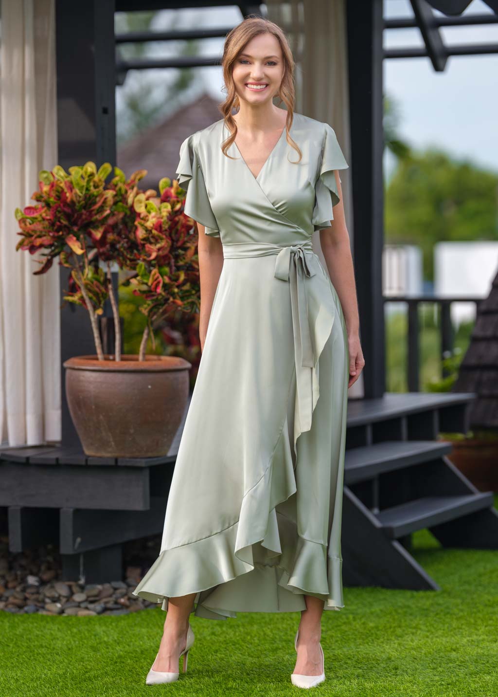 Moss green wrap dress