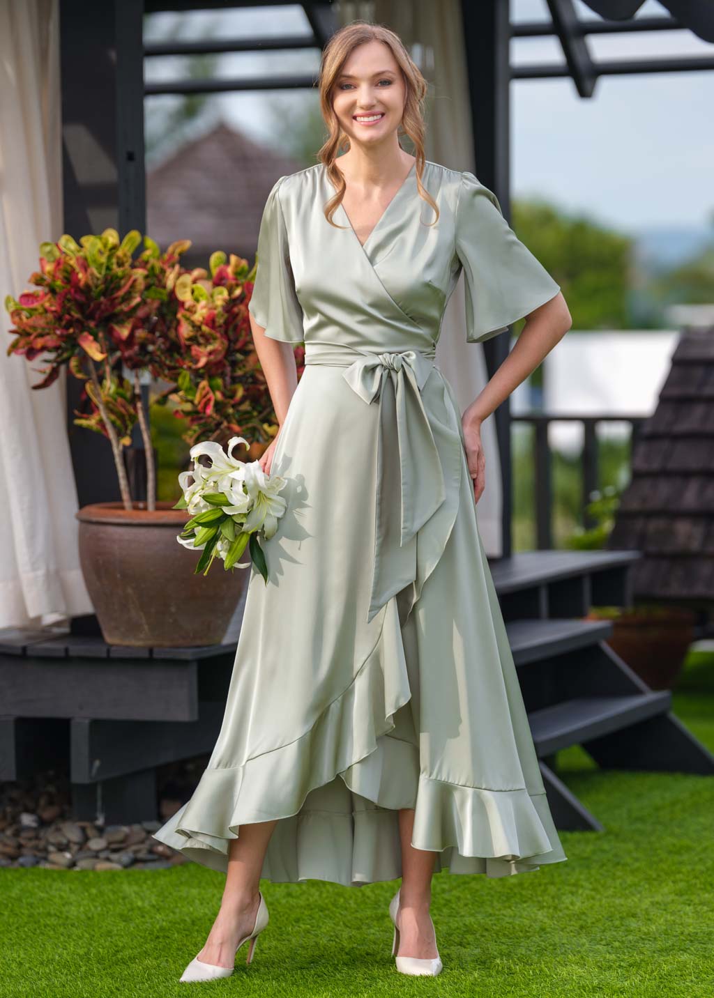 Moss green wrap silk dress