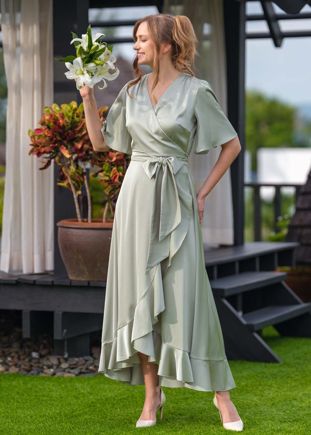 Moss green wrap silk dress