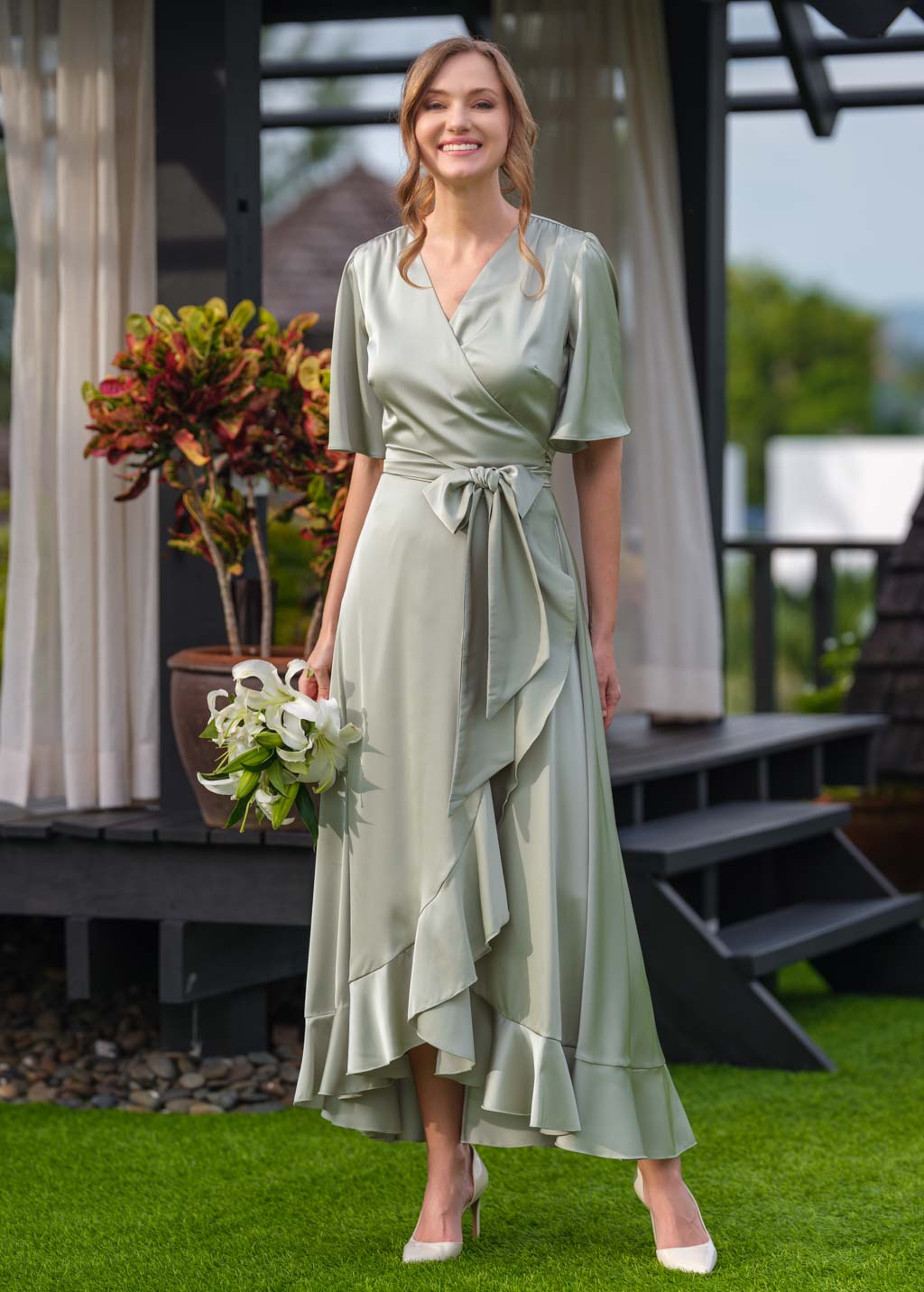 Moss green wrap silk dress