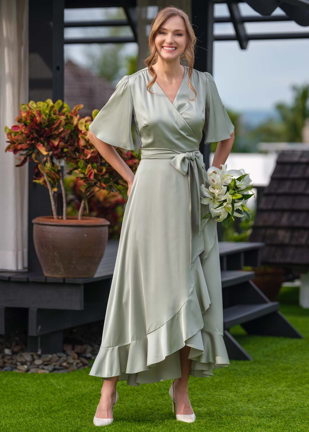 Moss green wrap silk dress