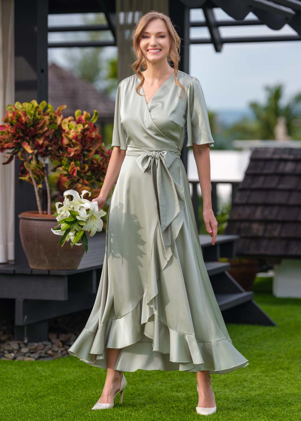 Moss green wrap silk dress