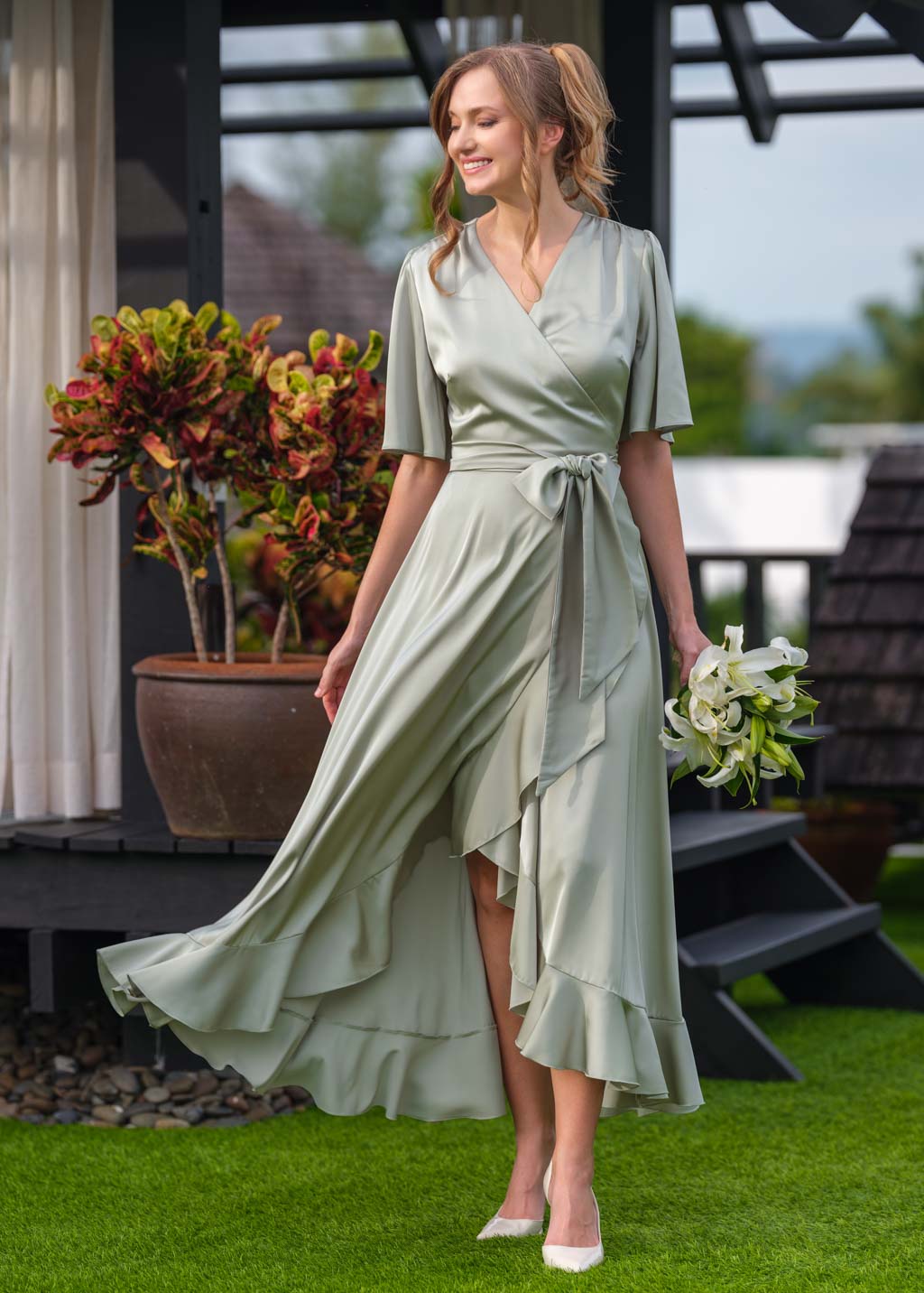 Moss green wrap silk dress