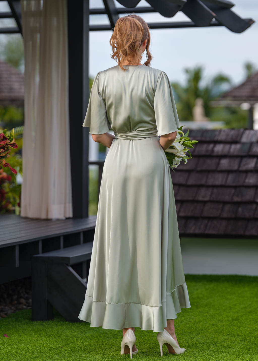 Moss green wrap silk dress