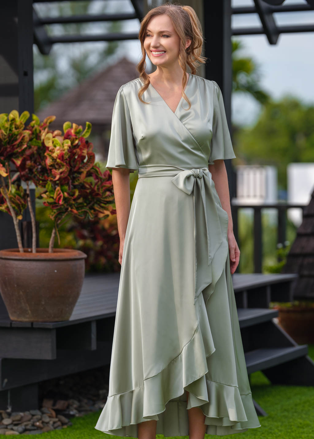 Moss green wrap silk dress