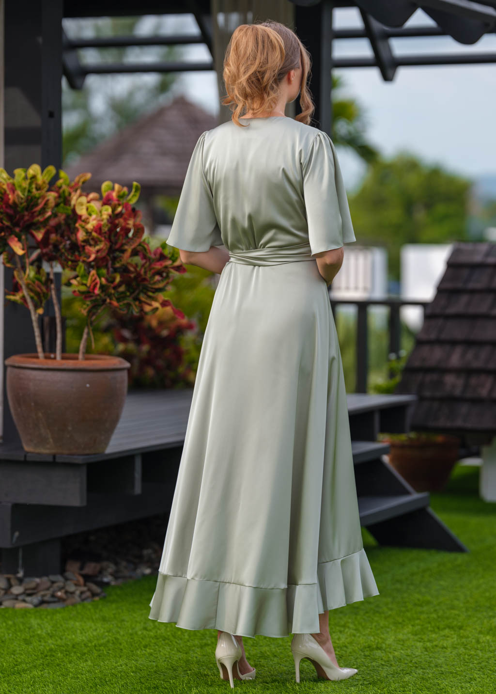 Moss green wrap silk dress