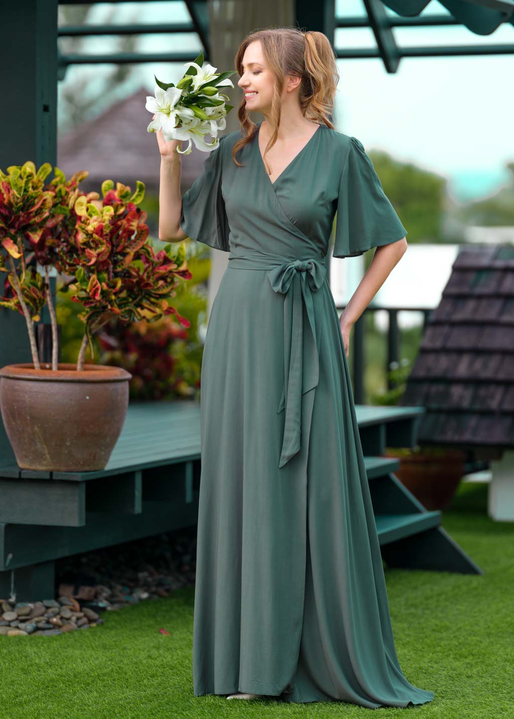 Dark Green romantic wrap dress