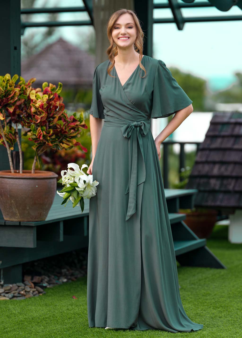 Dark Green romantic wrap dress