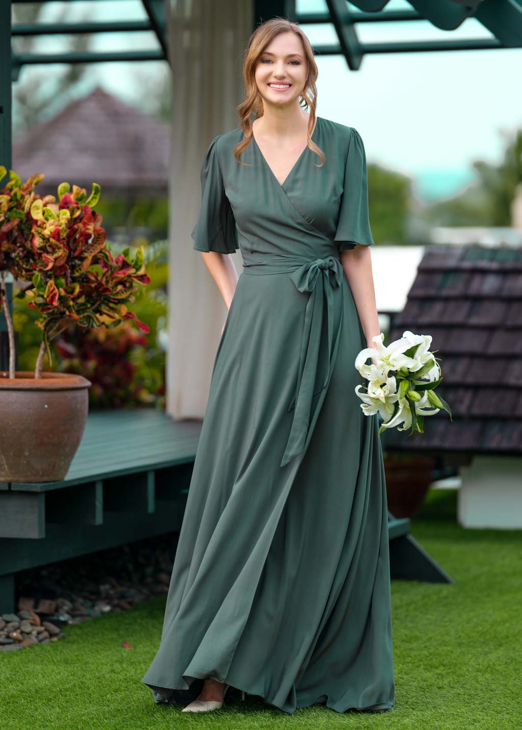 Dark Green romantic wrap dress