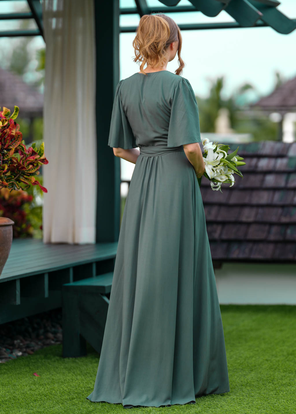 Dark Green romantic wrap dress