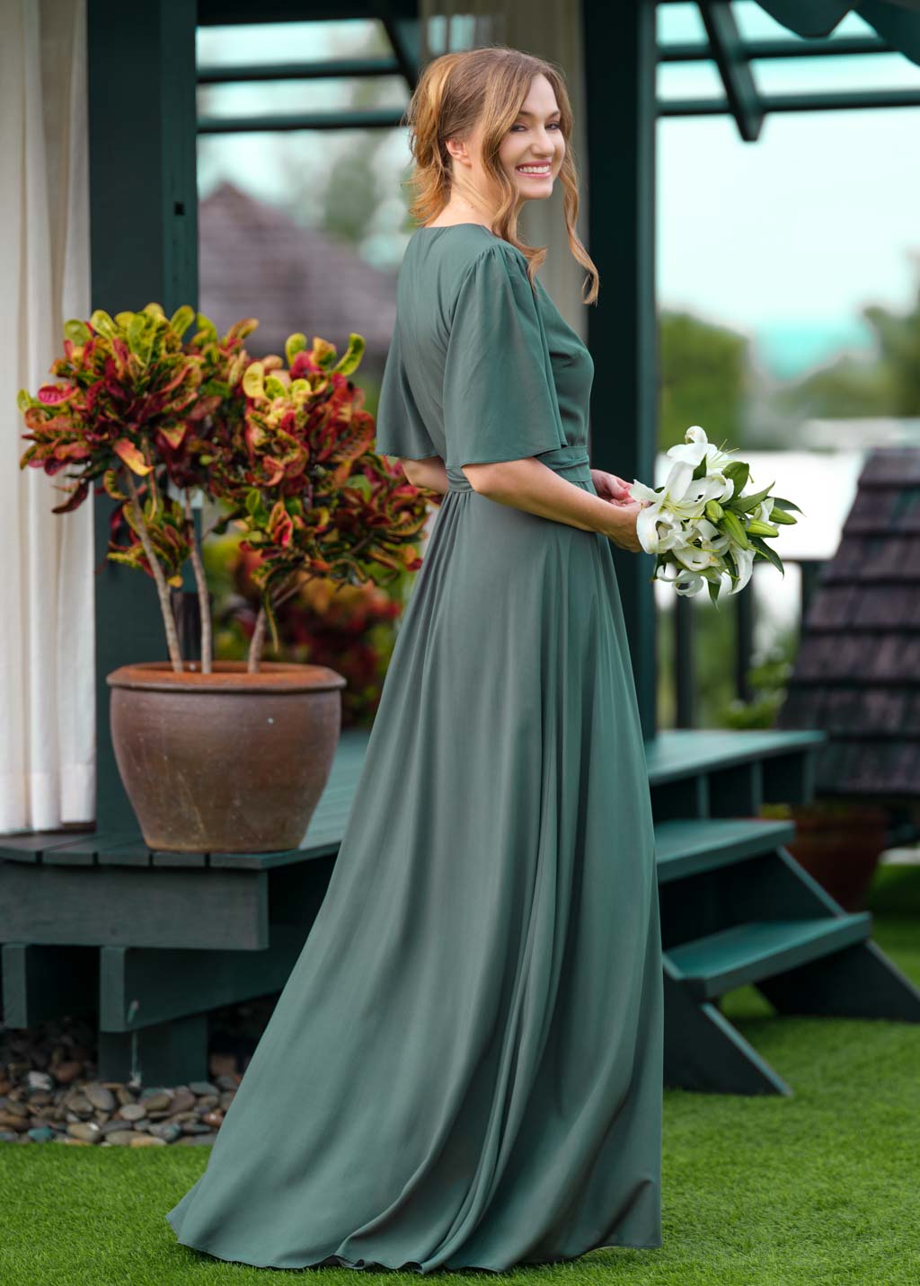 Dark Green romantic wrap dress