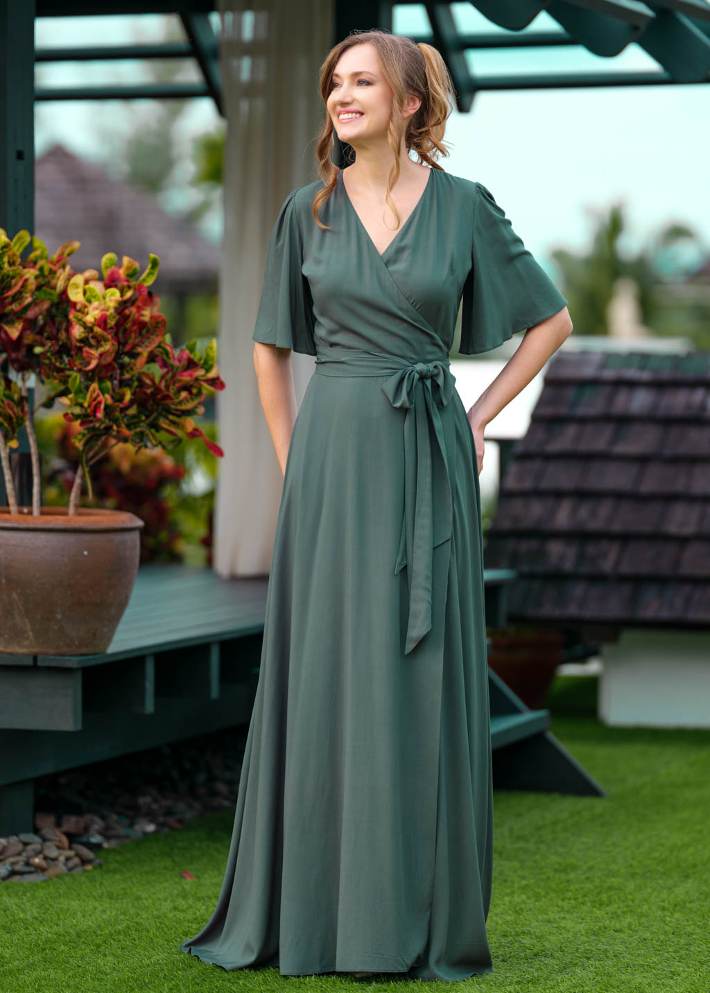 Dark Green romantic wrap dress