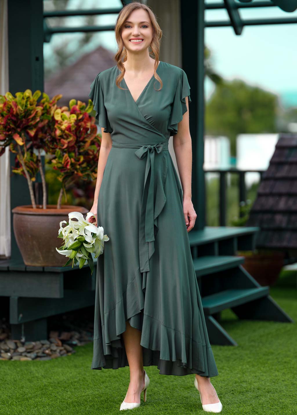 Dark Green romantic wrap dress